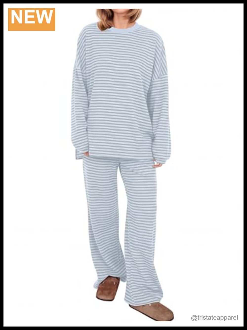 Women's 2 Piece Striped Lounge Set Long Sleeve Oversized Tee Wide Leg Pants